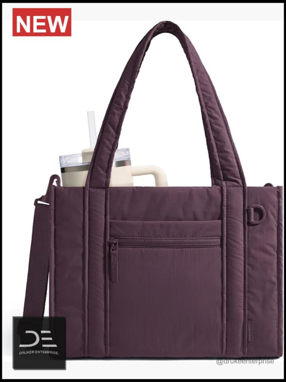 Boxy Tote Bag with Zipper, Quilted Nylon Crossbody Purse for Travel Work College